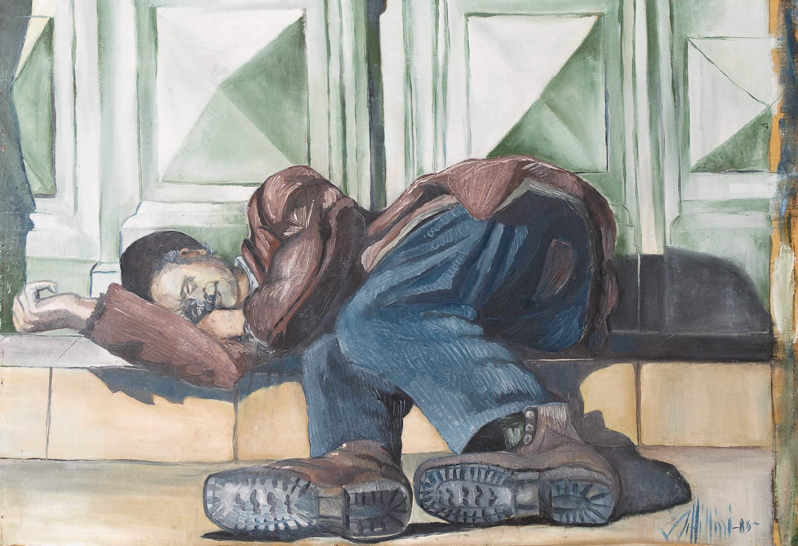 A man sleeps on the steps of a church, his boots in the foreground.