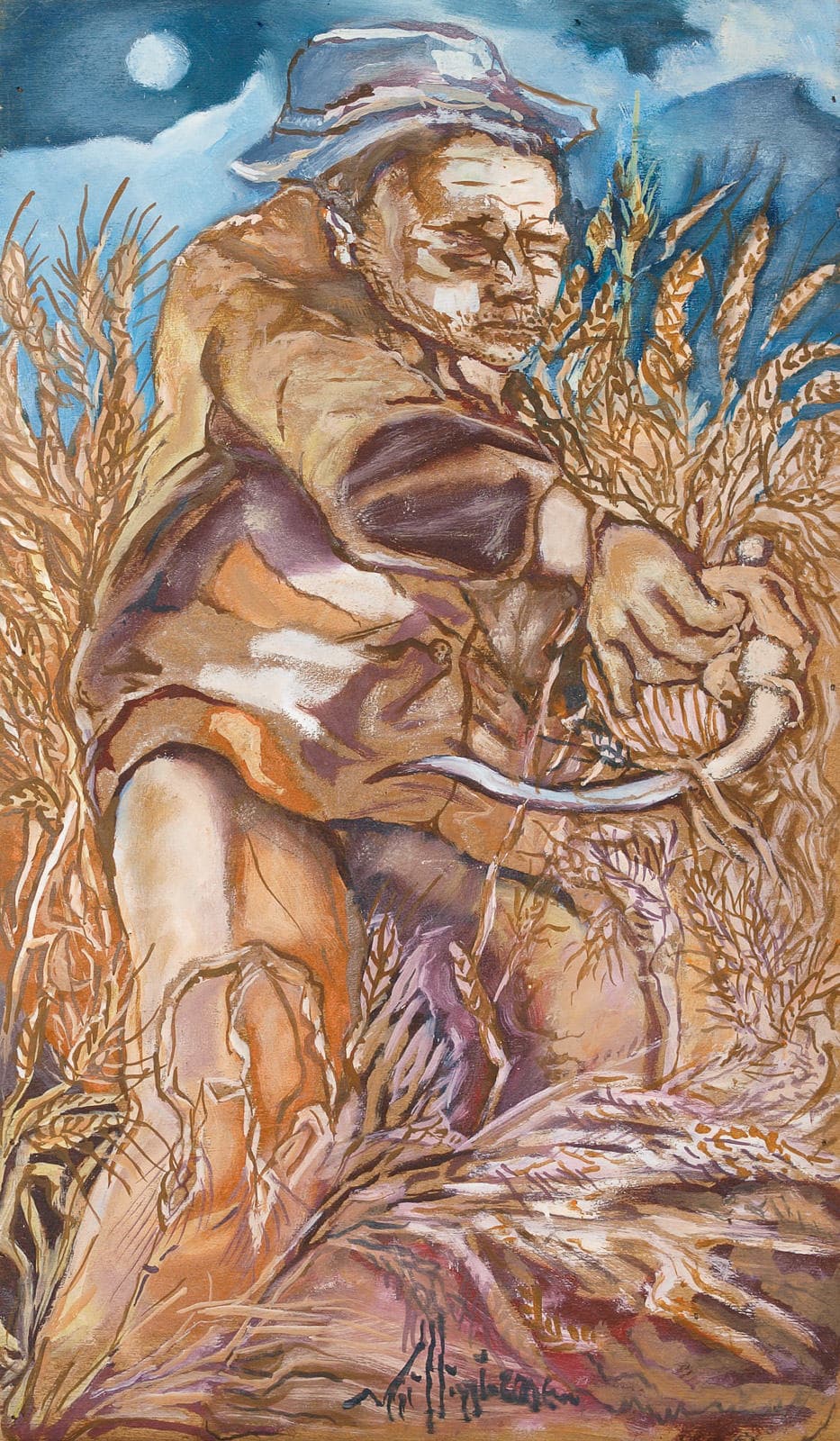 A farmer reaps wheat at night, under the moon.
