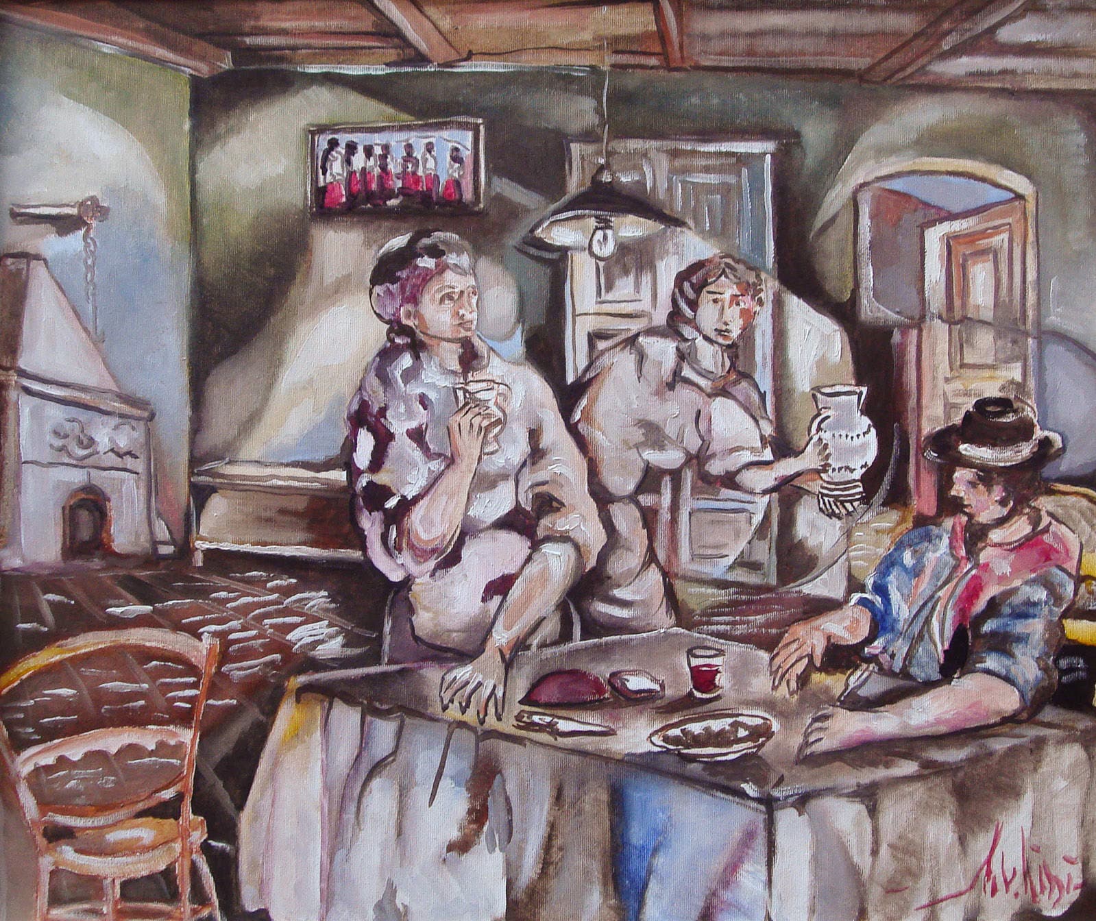 In the kitchen: two women and a man in a hat around the table, the wine jug.