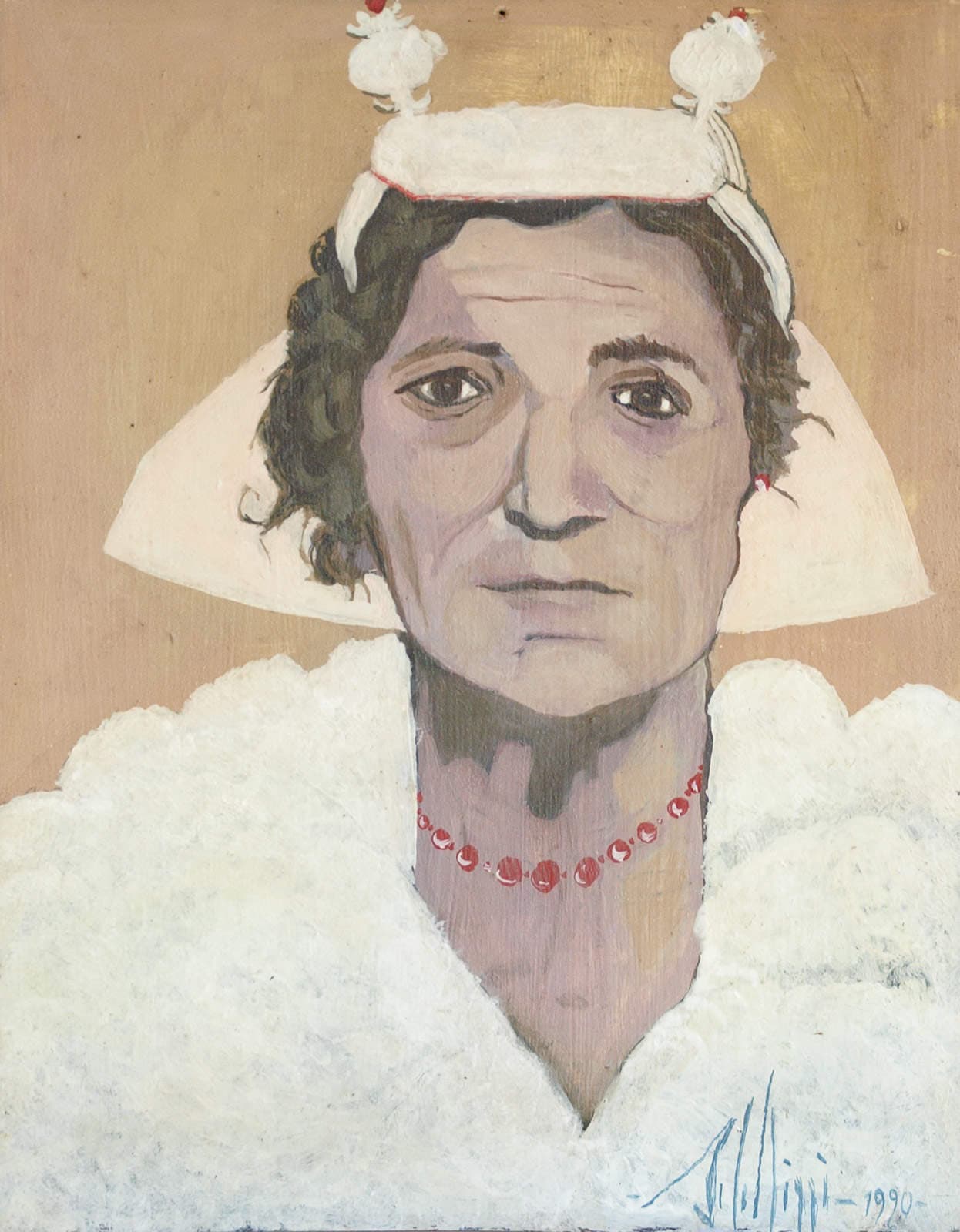 A woman in the white headdress of the Arbëresh costume, with a red necklace.