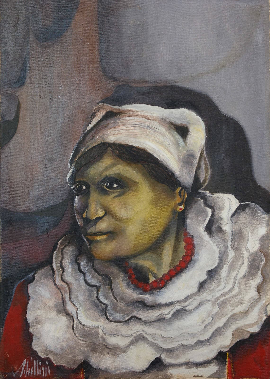 A woman in costume, white shawl and red necklace.