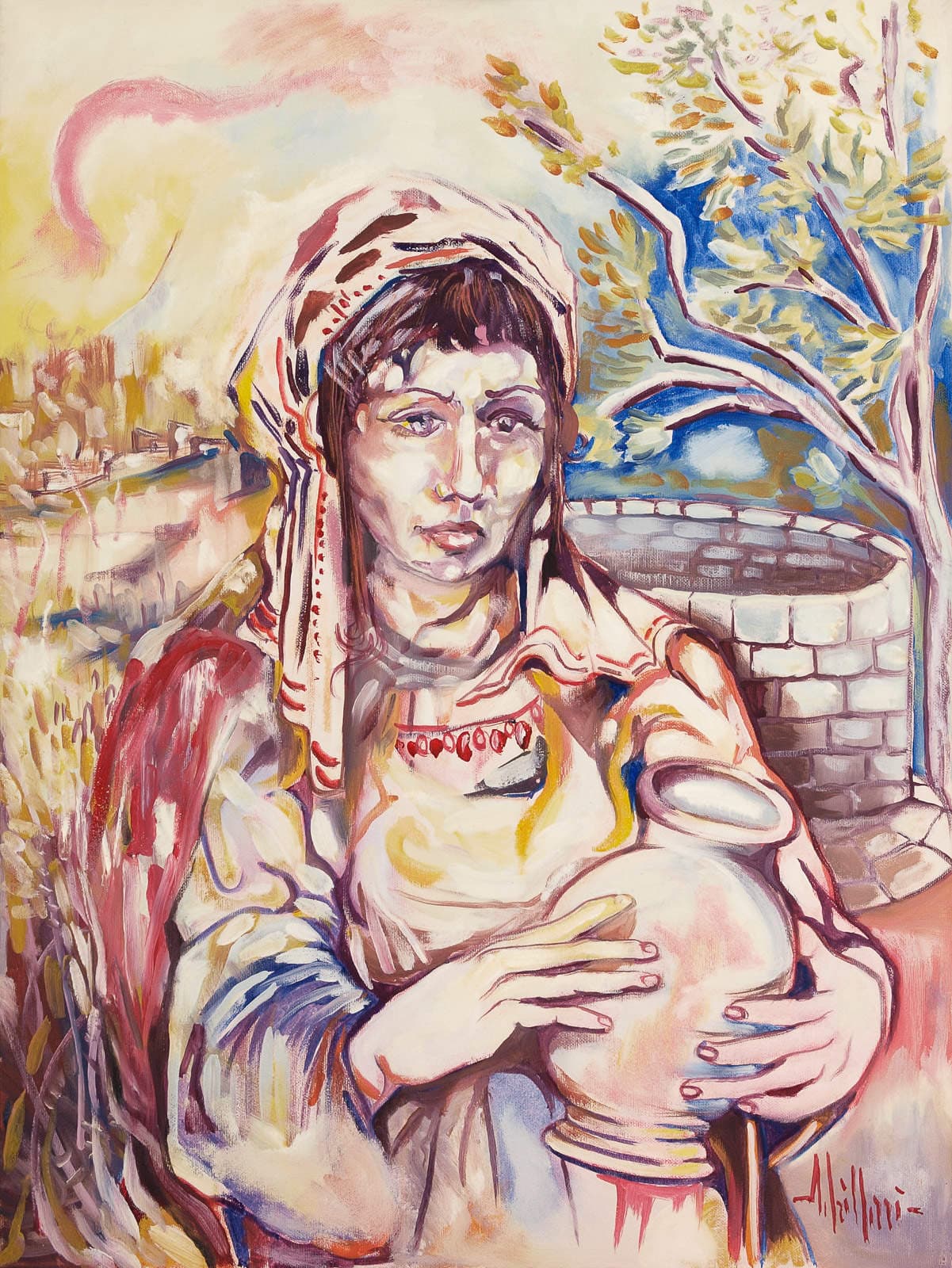 A young woman with a jug beside the well.