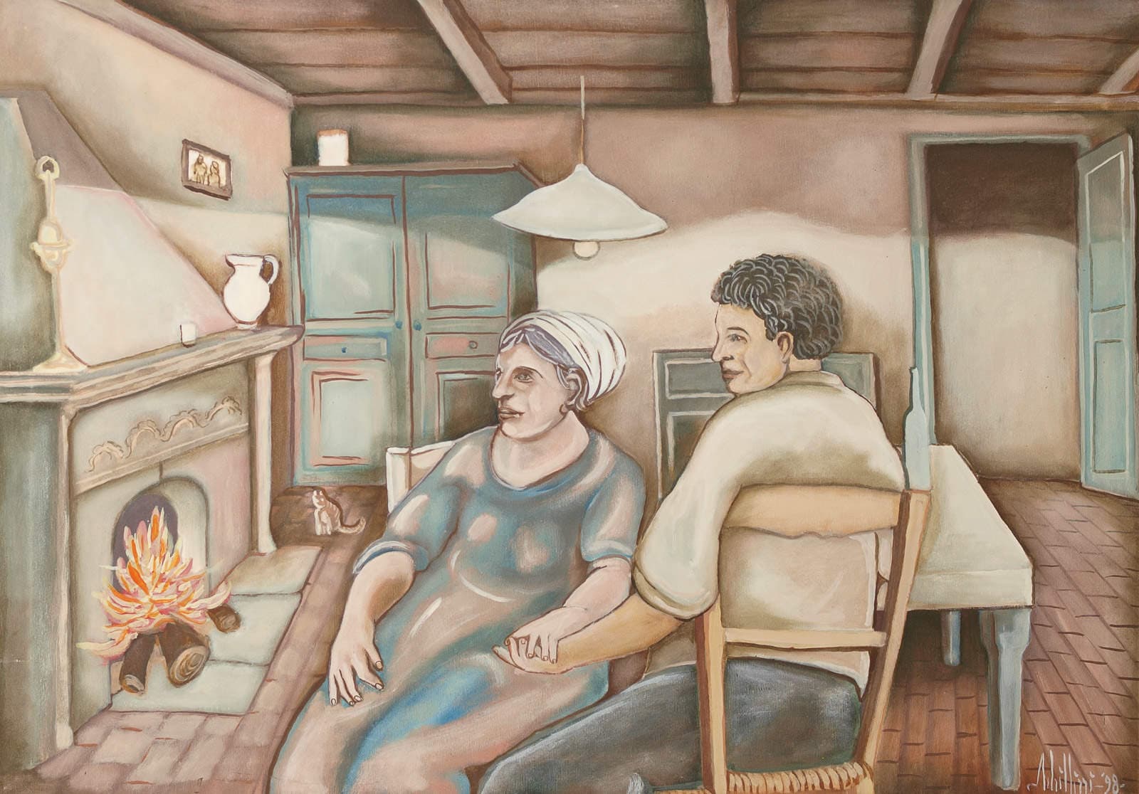 By the lit fireplace: an old woman and a man sitting in the kitchen.