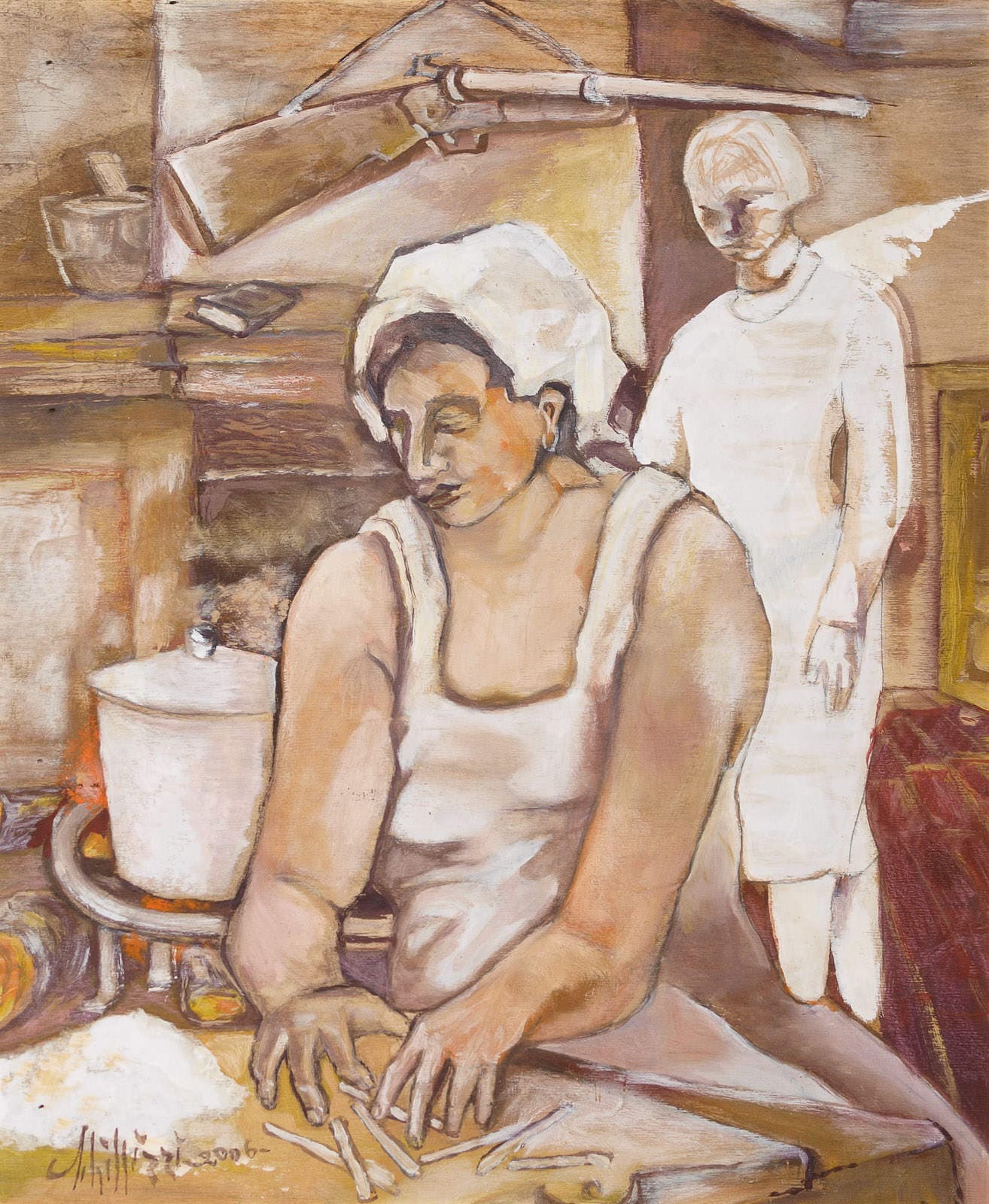 A woman kneads bread; behind her, a white figure.