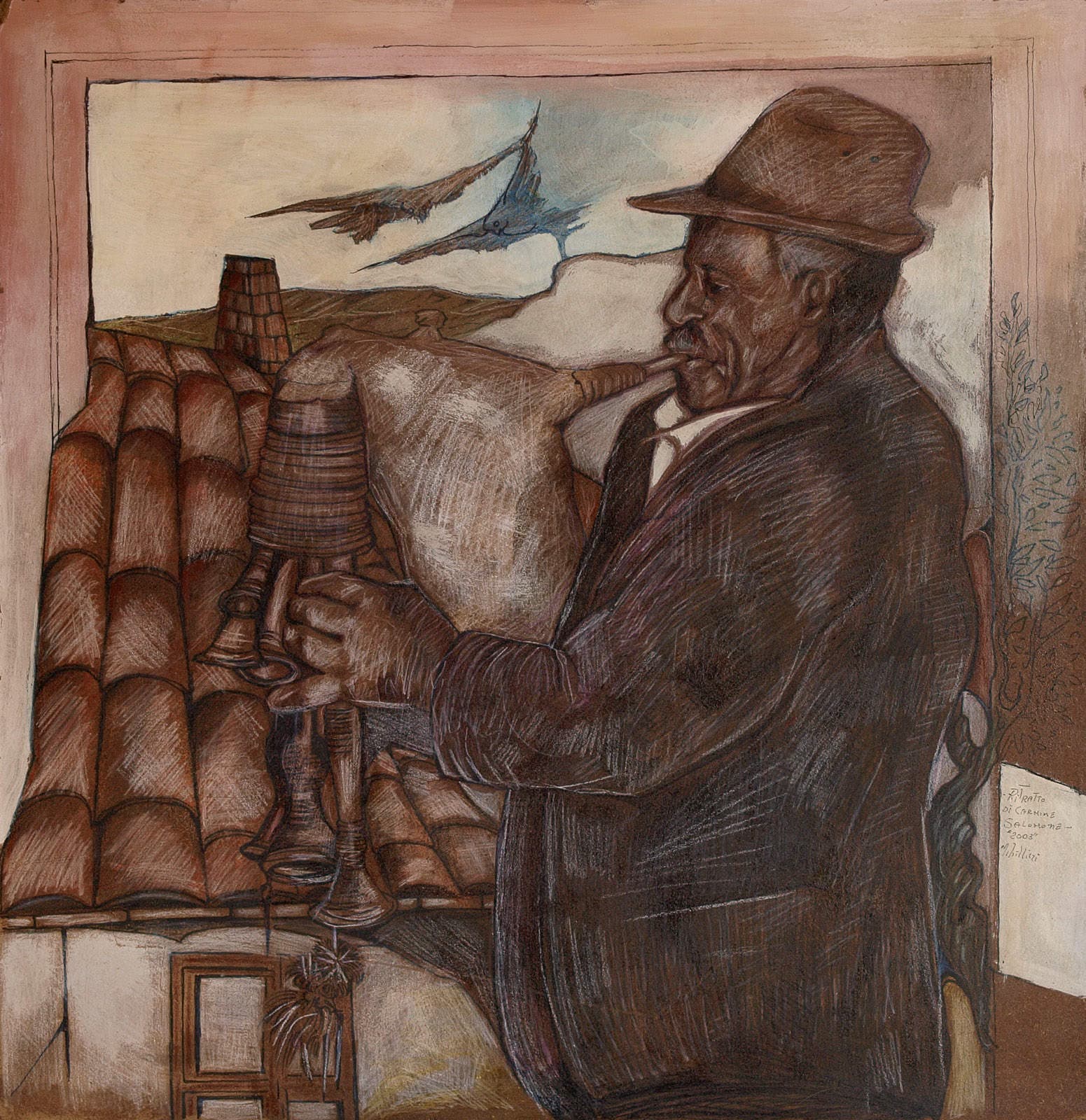 A man in a hat before the village roofs; a bird in the sky.