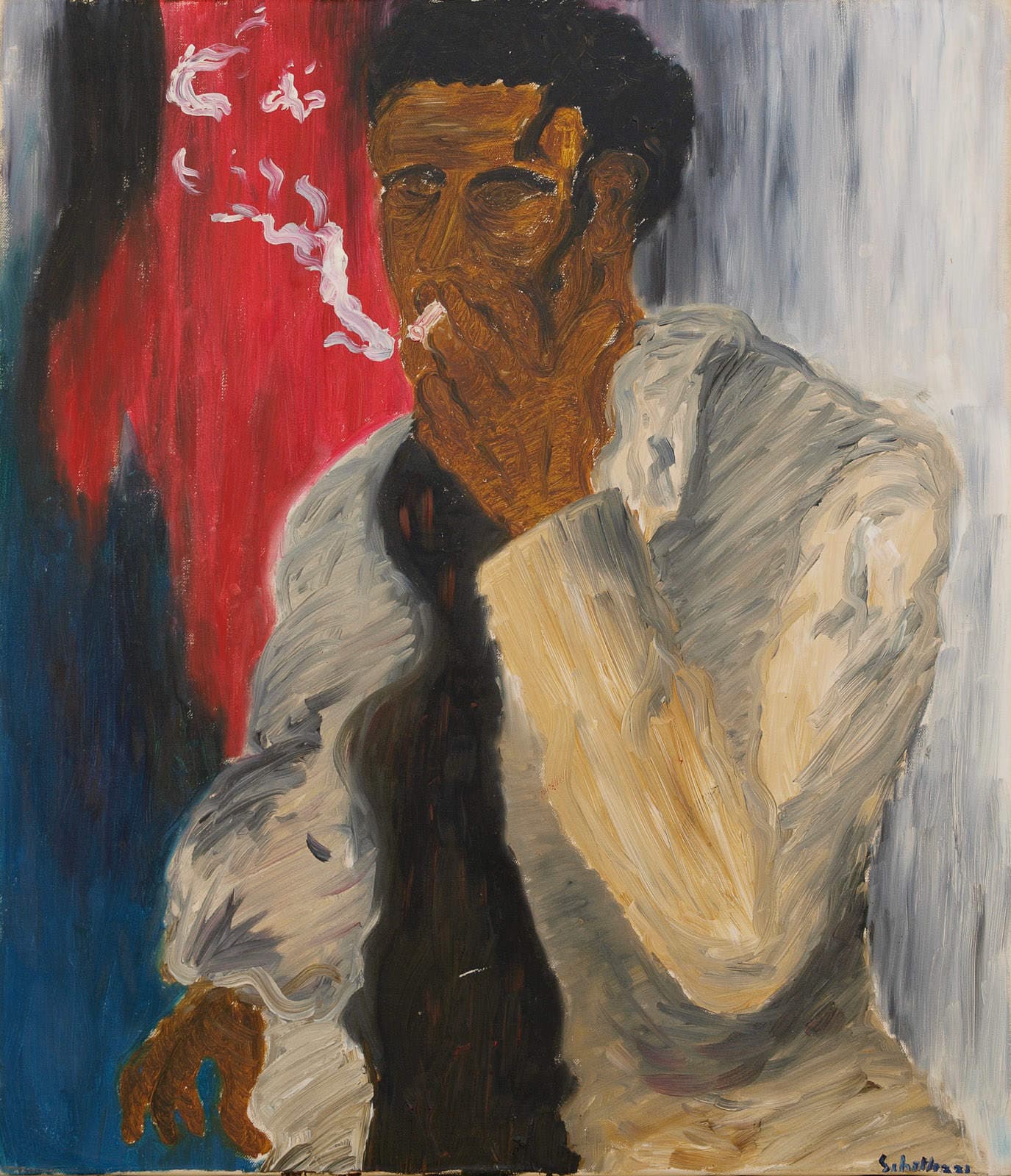 A man smokes, hand to his chin, against red and blue.