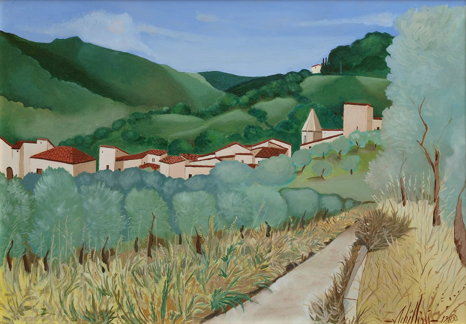 The village among olive trees and green hills.