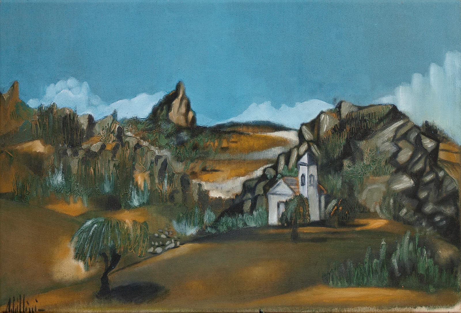 Rocks and a small white church in the valley.