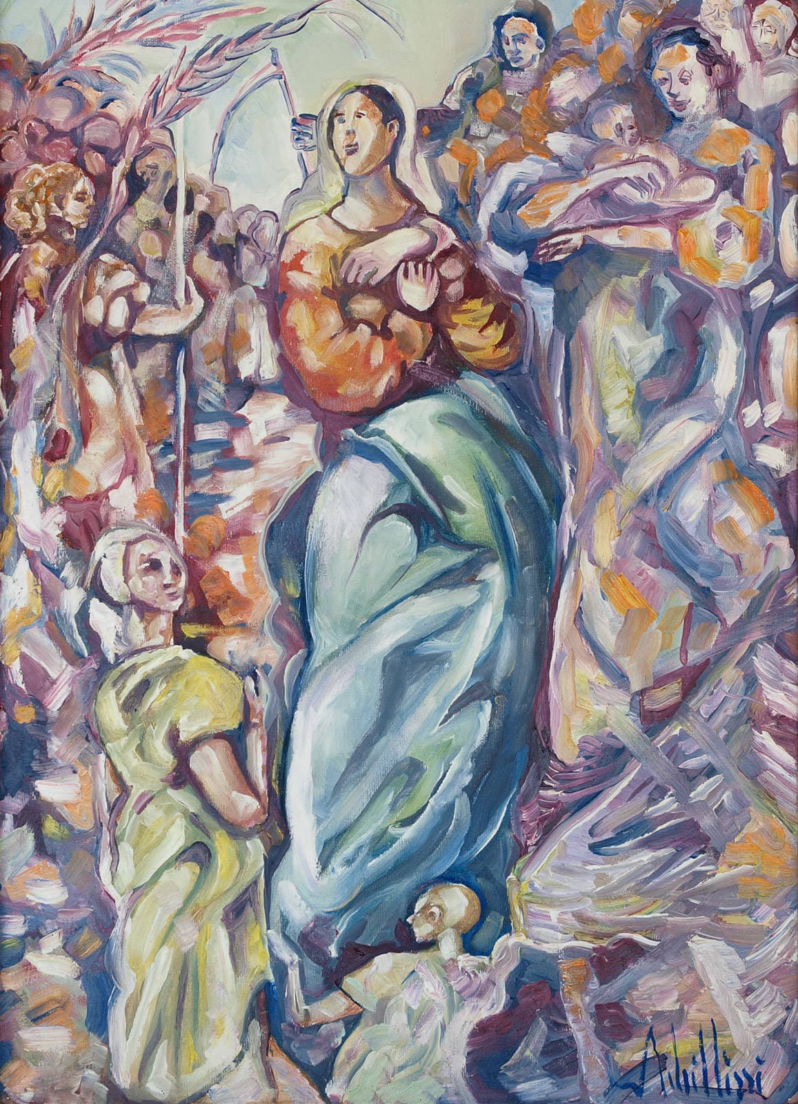 A figure in a blue mantle moves through the crowd.