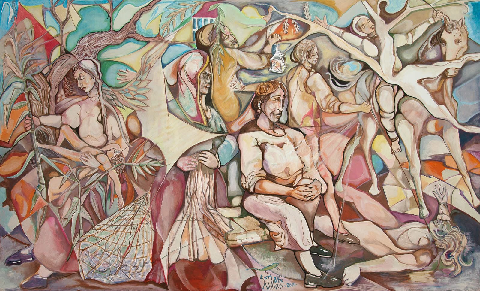 A crowd of figures, trees and bright colours.