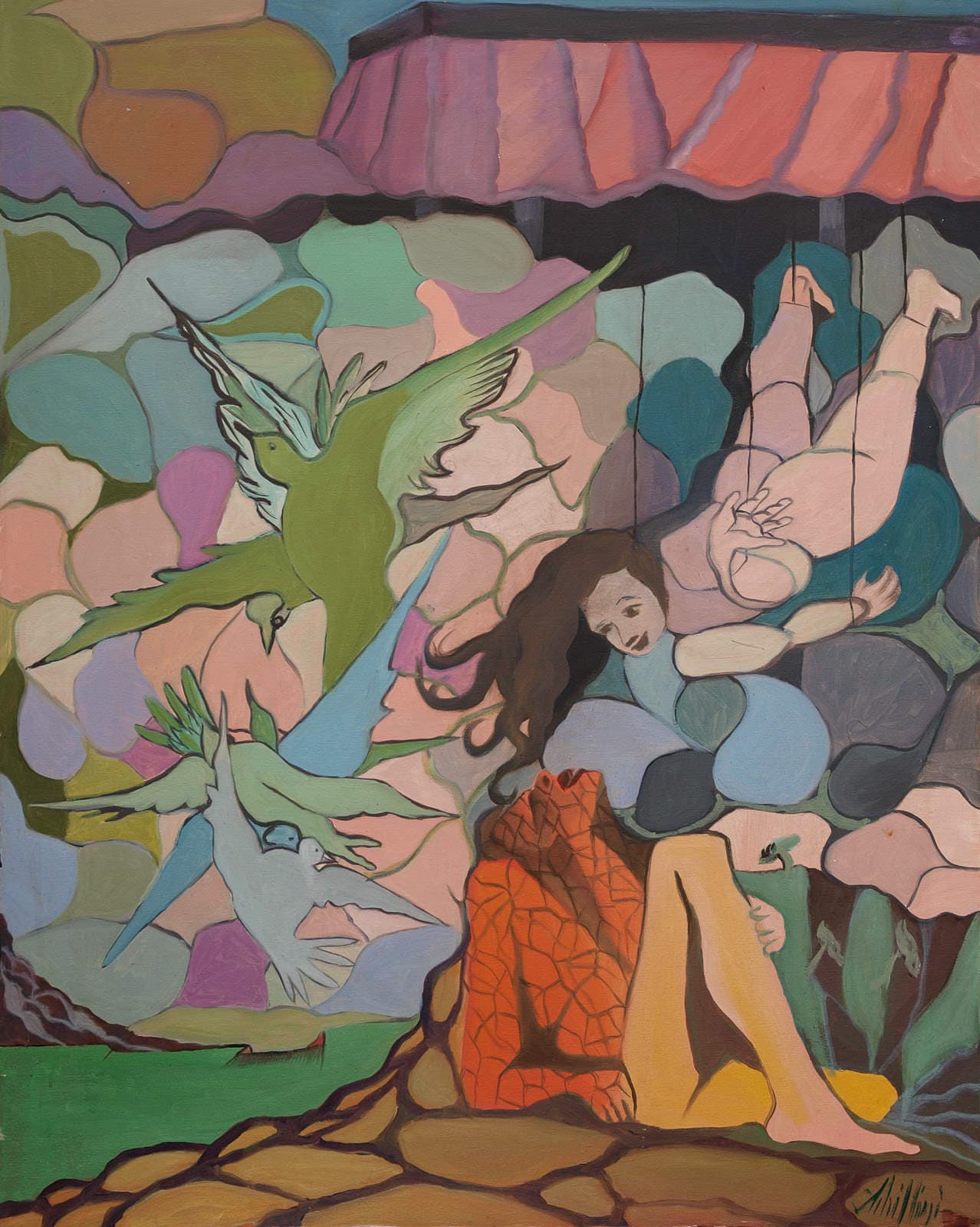 Birds and upturned bodies among coloured stones.