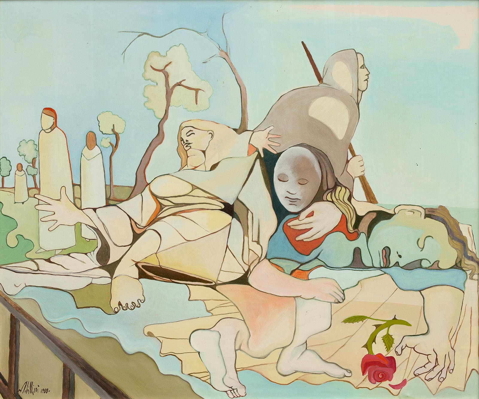 Reclining figures, a mask, a red rose in the foreground.