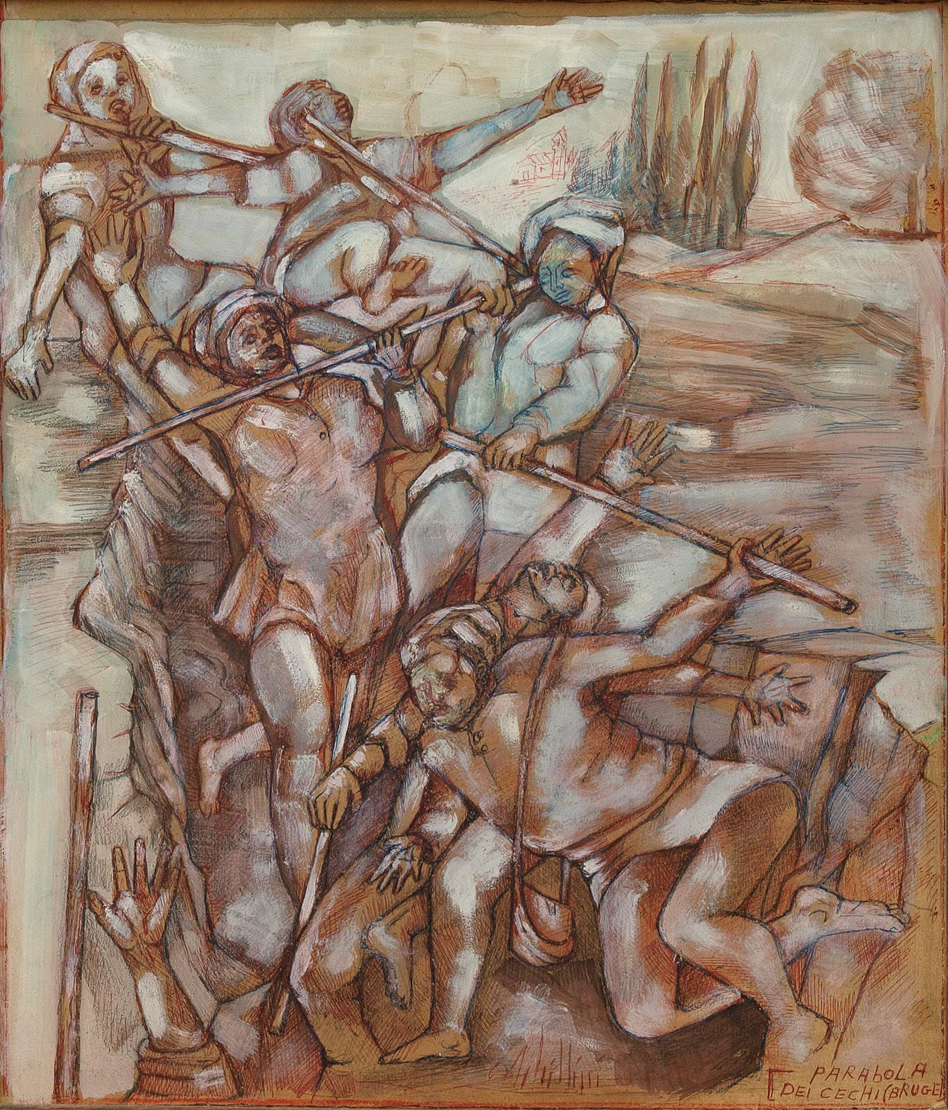 Armed men struggling, in earth tones.
