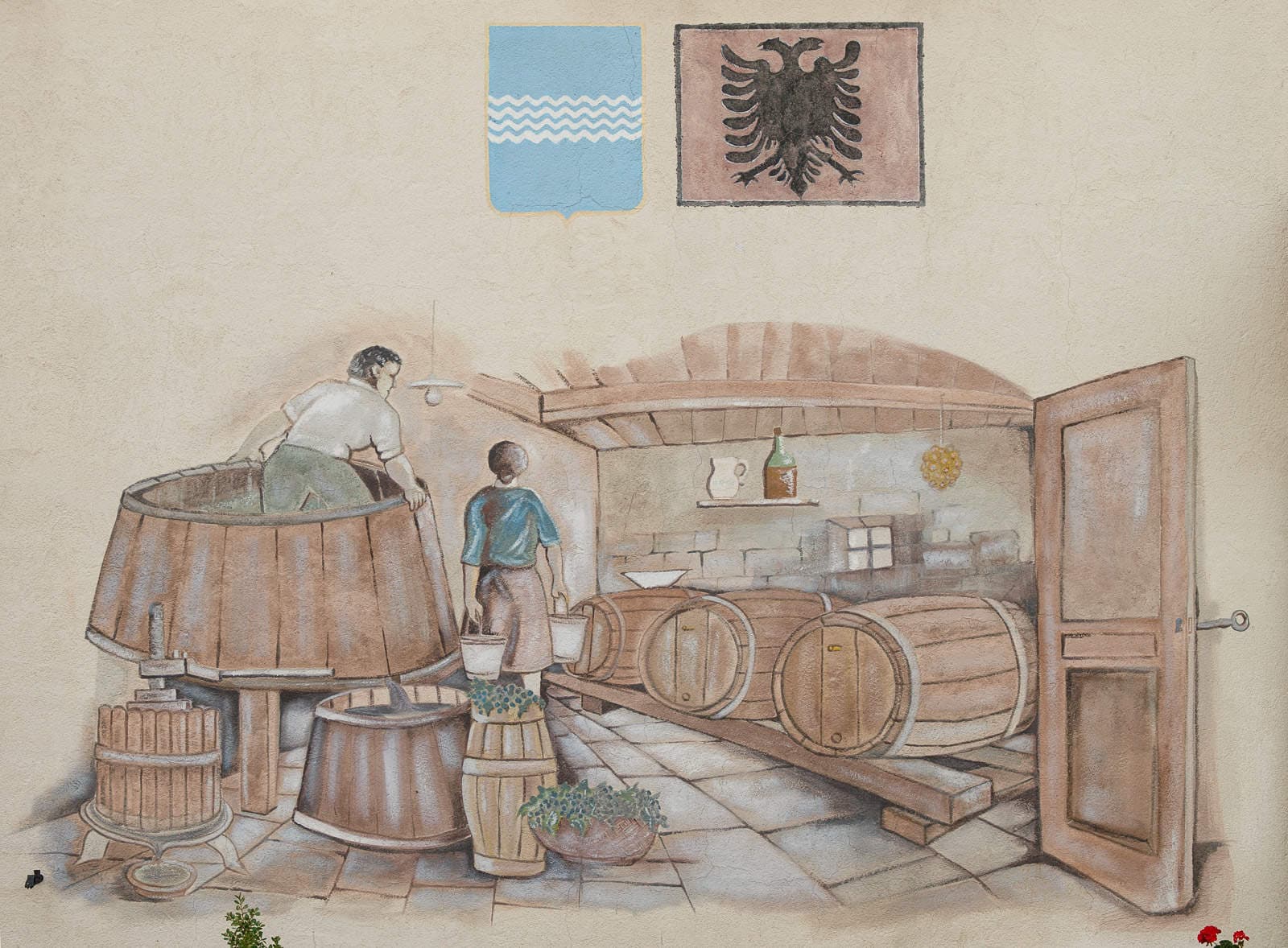 The cellar and its barrels, beneath the arms of Basilicata and the Albanian eagle.