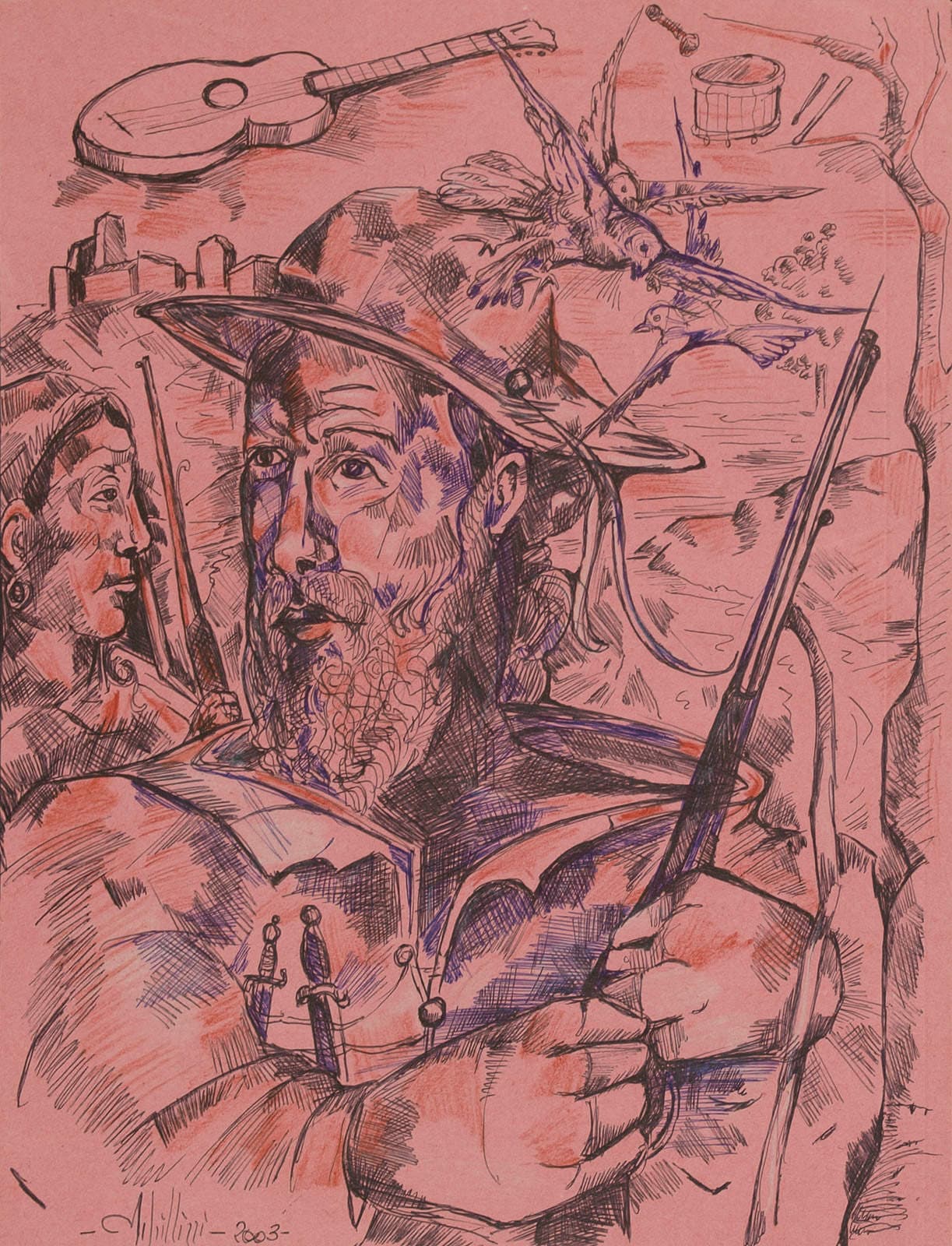 On pink paper: a bearded man in a hat, a guitar above him.