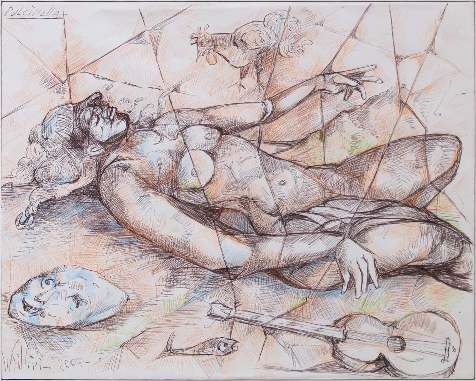 A reclining figure, a mask, a guitar and a fish.