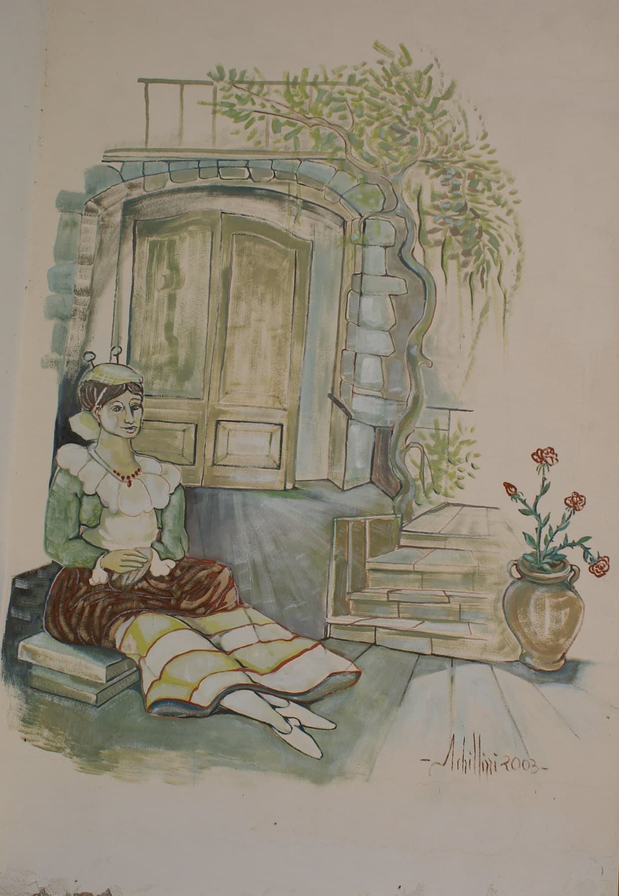 Una donna in costume seduta davanti a una porta ad arco, sotto la vite; accanto, un vaso di fiori. Firmato «Schillizzi 2003». A Francavilla sul Sinni.