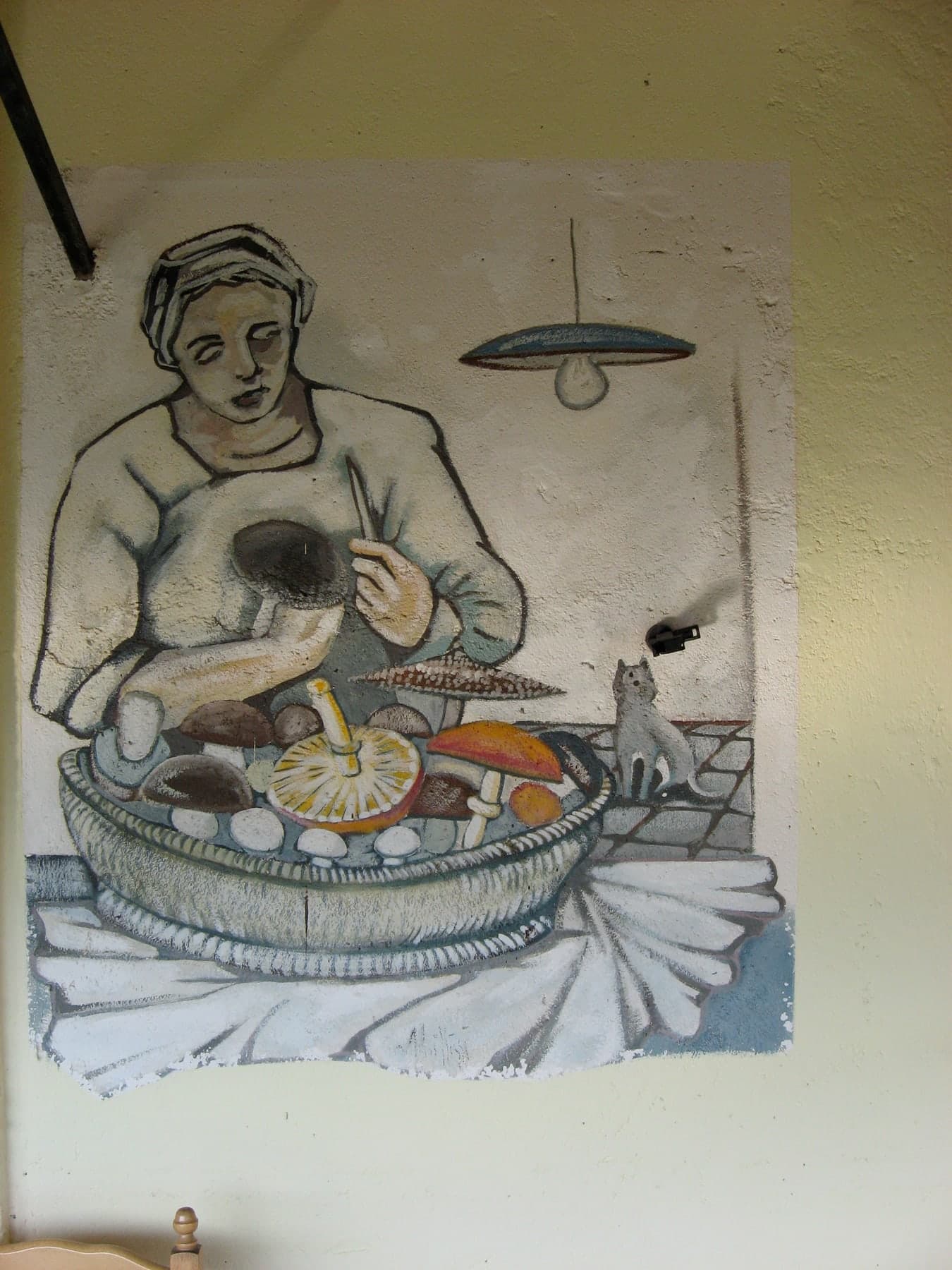 Una donna sotto la lampada, davanti a una grande cesta piena; accanto, un gatto. Al ristorante Luna Rossa di Terranova di Pollino.